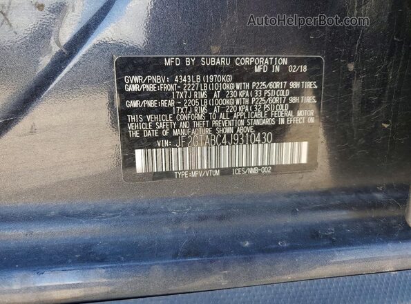JF2GTABC4J9310430 2018 SUBARU CROSSTREK Charcoal Widok naklejki z numerem VIN