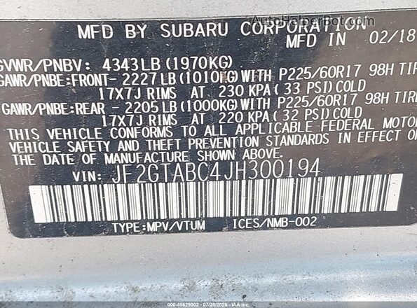 JF2GTABC4JH300194 2018 SUBARU CROSSTREK White Vista de la etiqueta del VIN
