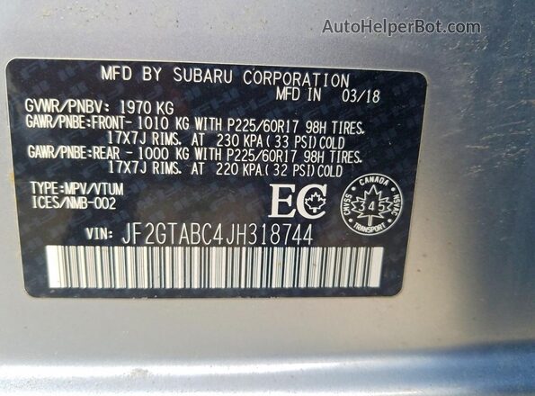 JF2GTABC4JH318744 2018 SUBARU CROSSTREK Серебряный Вид наклейки с VIN-кодом