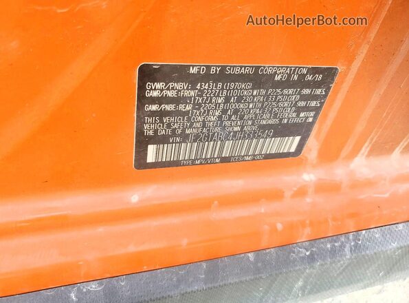 JF2GTABC4JH333549 2018 SUBARU CROSSTREK Orange VIN კოდის სტიკერის ხედი