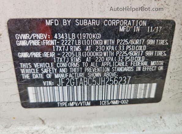 JF2GTABC5JH256237 2018 SUBARU CROSSTREK White Widok naklejki z numerem VIN