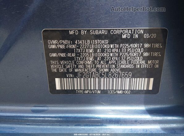 JF2GTABC5L8267659 2020 SUBARU CROSSTREK Blue Widok komory silnika