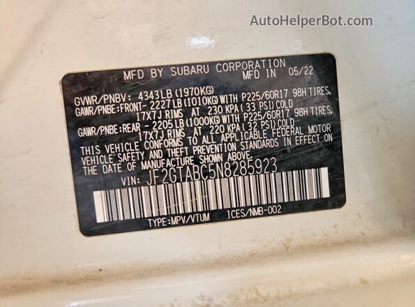 JF2GTABC5N8285923 2022 SUBARU CROSSTREK White Вид наклейки з VIN-кодом