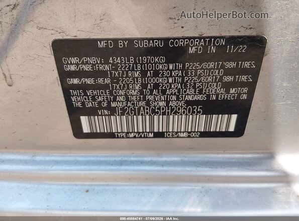 JF2GTABC5PH296035 2023 SUBARU CROSSTREK Silver Շարժիչի բաժամունքի տեսք
