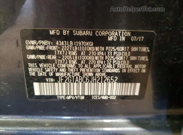 JF2GTABC6JH212652 2018 SUBARU CROSSTREK Gray VIN კოდის სტიკერის ხედი