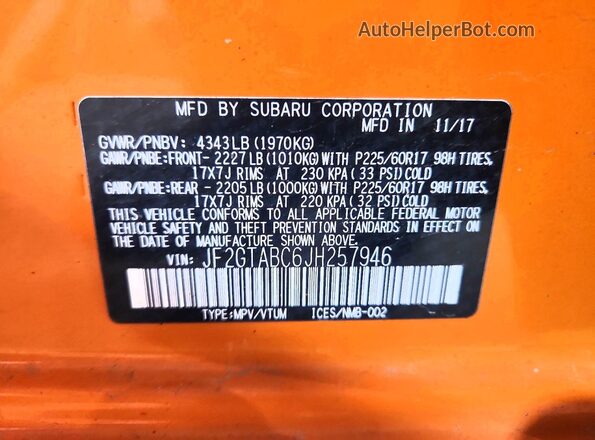 JF2GTABC6JH257946 2018 SUBARU CROSSTREK Orange Вид наклейки з VIN-кодом