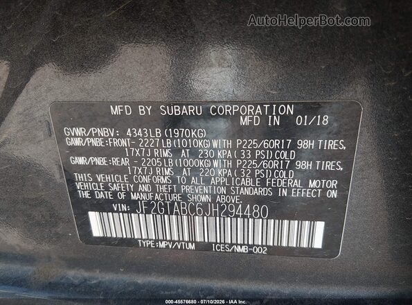 JF2GTABC6JH294480 2018 SUBARU CROSSTREK Gray Vista del compartimento del motor