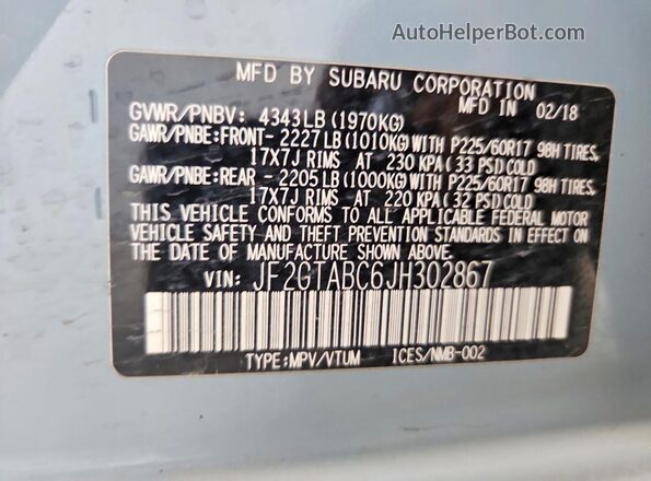 JF2GTABC6JH302867 2018 SUBARU CROSSTREK Gray Engine compartment view