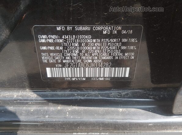 JF2GTABC6JH334282 2018 SUBARU CROSSTREK Black ძრავის განყოფილების ხედი