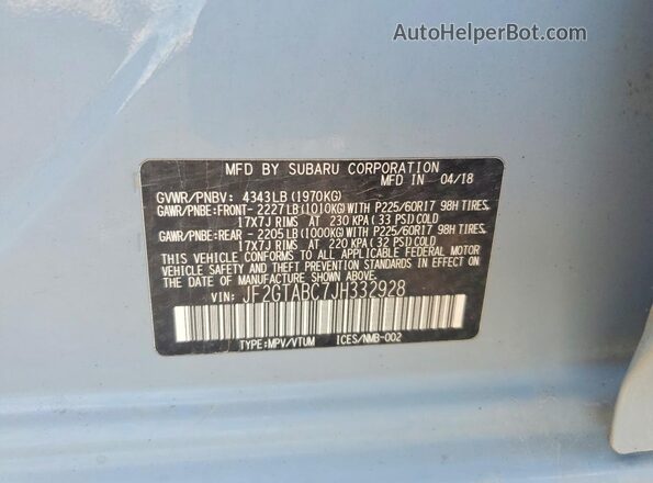 JF2GTABC7JH332928 2018 SUBARU CROSSTREK Синий Вид наклейки с VIN-кодом