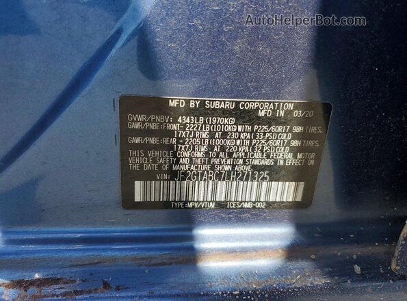 JF2GTABC7LH271325 2020 SUBARU CROSSTREK Blue VIN კოდის სტიკერის ხედი