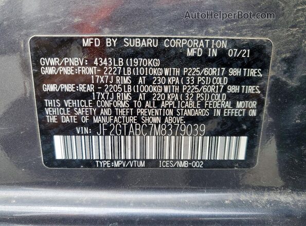 JF2GTABC7M8379039 2021 SUBARU CROSSTREK Gray Widok wnętrza 360 stopni