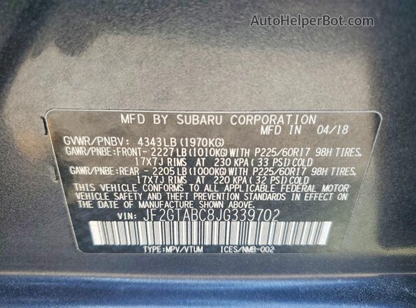 JF2GTABC8JG339702 2018 SUBARU CROSSTREK Charcoal Vista de la etiqueta del VIN