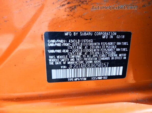 JF2GTABC8JH298157 2018 SUBARU CROSSTREK Orange Շարժիչի բաժամունքի տեսք