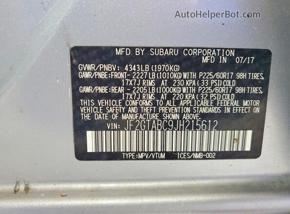 JF2GTABC9JH215612 2018 SUBARU CROSSTREK Silver VIN sticker view