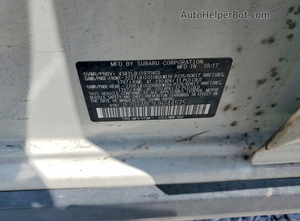 JF2GTABC9JH244575 2018 SUBARU CROSSTREK White VIN კოდის სტიკერის ხედი
