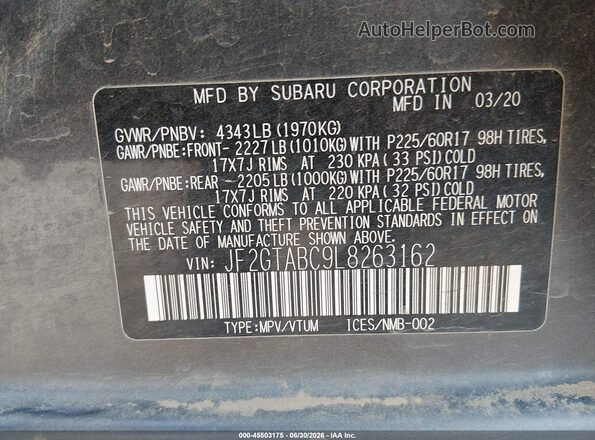 JF2GTABC9L8263162 2020 SUBARU CROSSTREK Black Vista del compartimento del motor