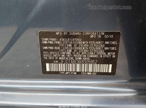 JF2GTABCXK8305952 2019 SUBARU CROSSTREK Blue Շարժիչի բաժամունքի տեսք