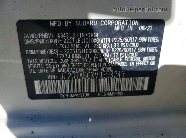 JF2GTABCXMH393243 2021 SUBARU CROSSTREK Белый Панорамный вид салона 360°