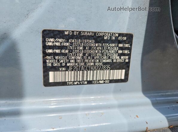 JF2GTACC1KH227835 2019 SUBARU CROSSTREK Gray Vista interior de 360 grados