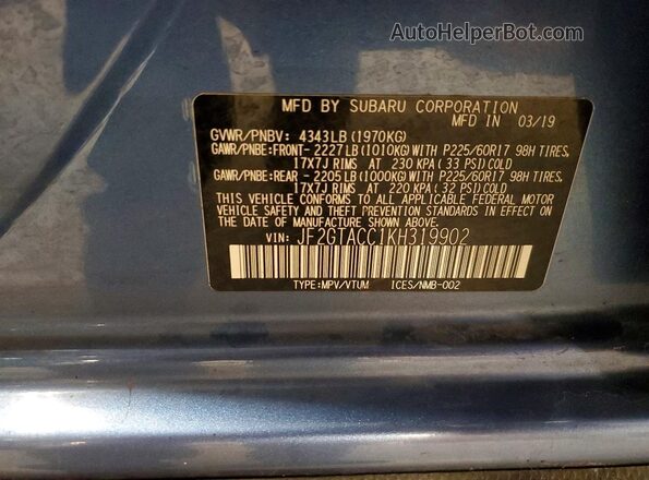 JF2GTACC1KH319902 2019 SUBARU CROSSTREK Blue Vista de la etiqueta del VIN