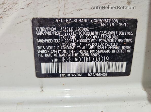 JF2GTACC1KH338319 2019 SUBARU CROSSTREK White Вид наклейки з VIN-кодом