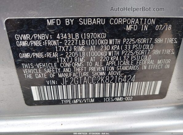 JF2GTACC2K8216424 2019 SUBARU CROSSTREK Silver Engine compartment view