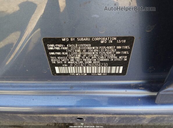 JF2GTACC2KG284230 2019 SUBARU CROSSTREK Blue Շարժիչի բաժամունքի տեսք