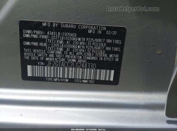 JF2GTACC2LG244330 2020 SUBARU CROSSTREK Light Blue ძრავის განყოფილების ხედი