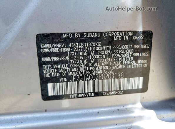 JF2GTACC2PG203136 2023 SUBARU CROSSTREK Silver VIN sticker view