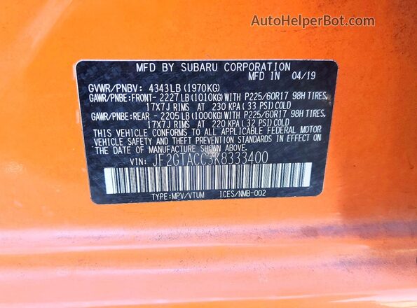 JF2GTACC3K8333400 2019 SUBARU CROSSTREK Orange Вид наклейки з VIN-кодом