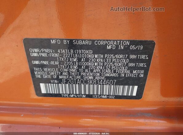 JF2GTACC3K8344607 2019 SUBARU CROSSTREK Оранжевый Вид подкапотного пространства