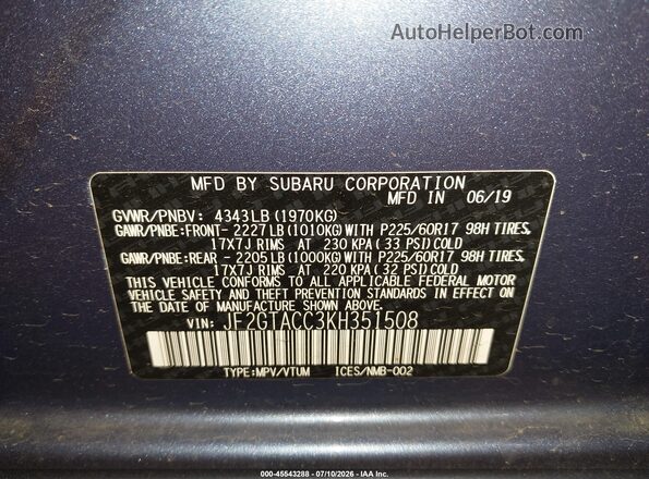 JF2GTACC3KH351508 2019 SUBARU CROSSTREK Blue Widok komory silnika