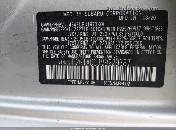 JF2GTACC3M9229387 2021 SUBARU CROSSTREK Silver Շարժիչի բաժամունքի տեսք