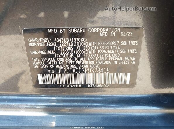 JF2GTACC3P9328408 2023 SUBARU CROSSTREK Black ძრავის განყოფილების ხედი