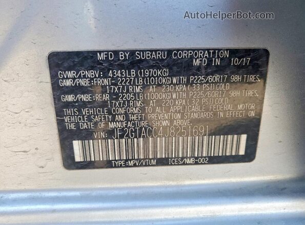 JF2GTACC4J8251691 2018 SUBARU CROSSTREK Silver Vista del compartimento del motor