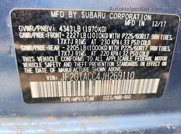 JF2GTACC4JH269110 2018 SUBARU CROSSTREK Синий Вид наклейки с VIN-кодом