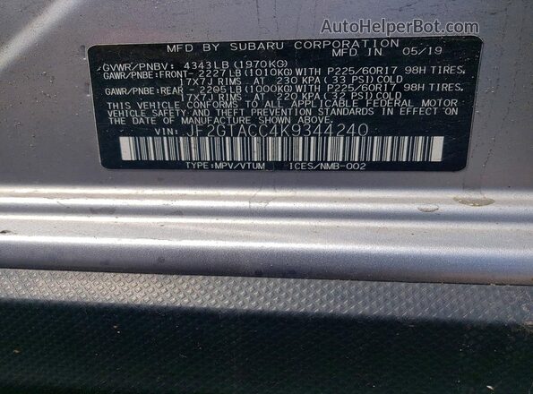 JF2GTACC4K9344240 2019 SUBARU CROSSTREK Silver Vista del compartimento del motor
