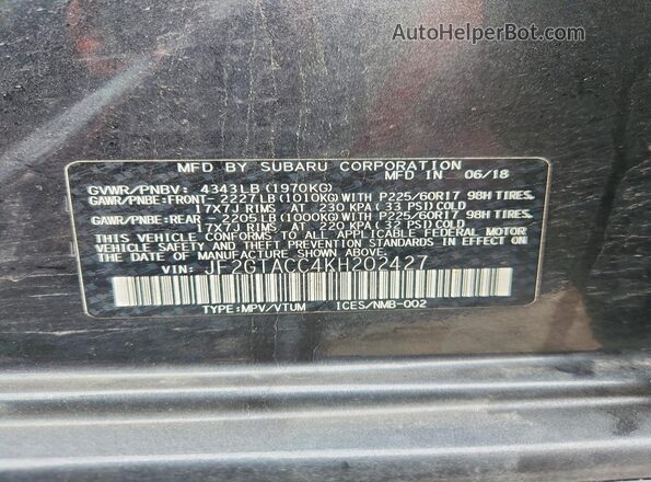 JF2GTACC4KH202427 2019 SUBARU CROSSTREK Charcoal VIN sticker view