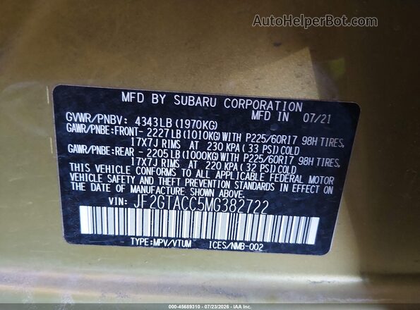 JF2GTACC5MG382722 2021 SUBARU CROSSTREK Yellow ძრავის განყოფილების ხედი