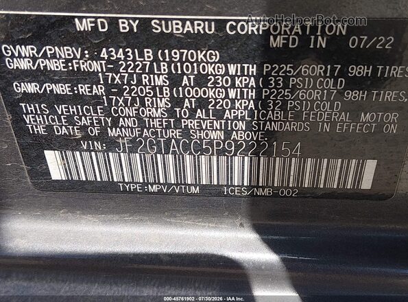 JF2GTACC5P9222154 2023 SUBARU CROSSTREK Gray Vista del compartimento del motor
