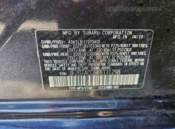 JF2GTACC6K8331298 2019 SUBARU CROSSTREK Charcoal სალონის 360-გრადუსიანი ხედი