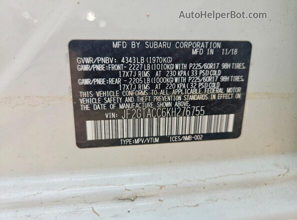 JF2GTACC6KH276755 2019 SUBARU CROSSTREK White VIN կոդի պիտակի տեսք