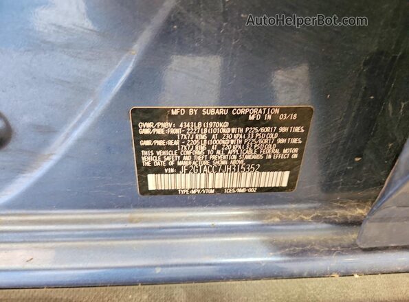 JF2GTACC7JH315352 2018 SUBARU CROSSTREK Blue Widok naklejki z numerem VIN