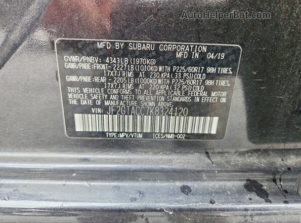 JF2GTACC7K8324120 2019 SUBARU CROSSTREK Gray Widok komory silnika