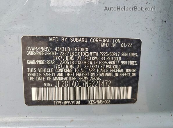 JF2GTACC7N9221472 2022 SUBARU CROSSTREK Blue Vista interior de 360 grados