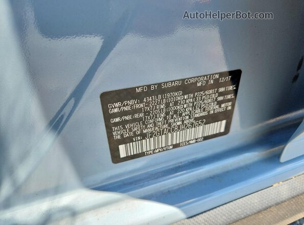 JF2GTACC8JH267652 2018 SUBARU CROSSTREK Blue Vista de la etiqueta del VIN