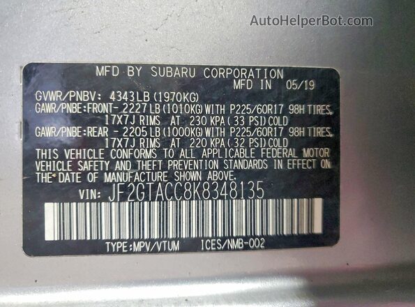 JF2GTACC8K8348135 2019 SUBARU CROSSTREK Silver Vista interior de 360 grados