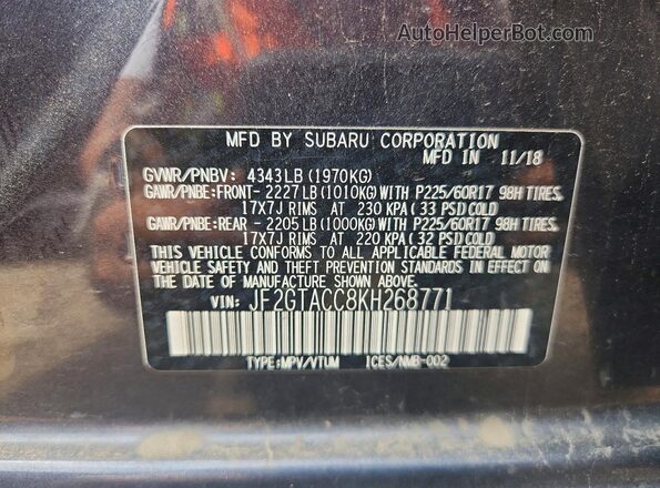 JF2GTACC8KH268771 2019 SUBARU CROSSTREK Black VIN sticker view