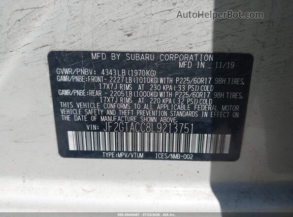 JF2GTACC8L9213751 2020 SUBARU CROSSTREK White Вид підкапотного простору